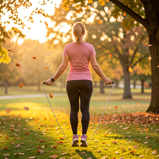 woman jumping rope in in park in fall