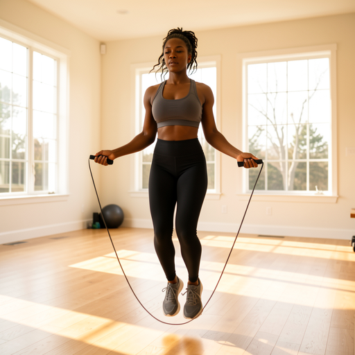 woman jumping rope in sunlit room