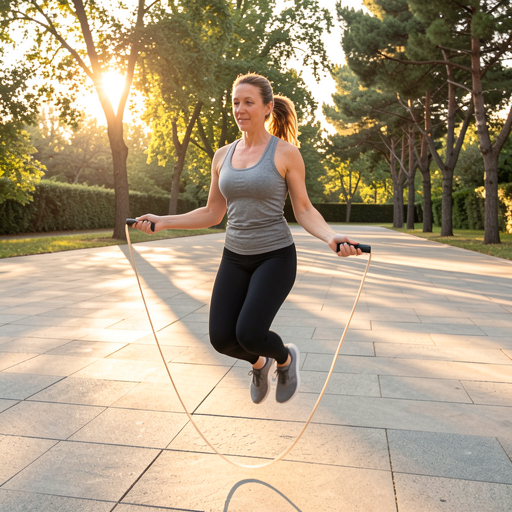 woman jumping rope courtyard